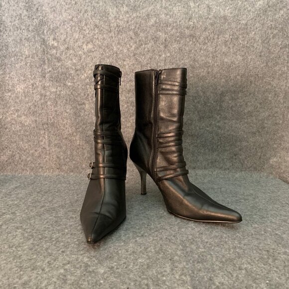 Bata Women’s Straps Black Pointy Toe Side Zip Heel Boots - Picture 2 of 13